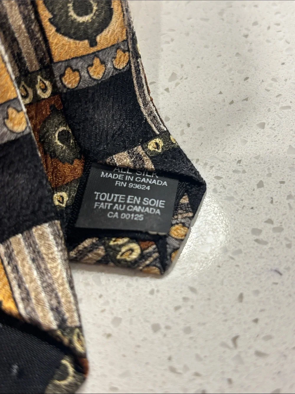 Jeffrey Banks Geometric Pattern Silk Tie in Black, Gold & Brown